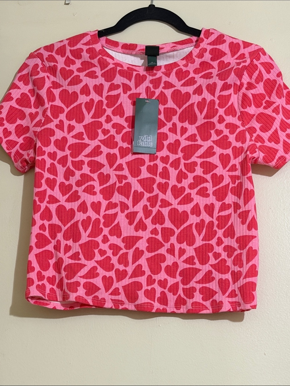 wild fable Pink and Red Heart-Print Ribbed Crop Tee